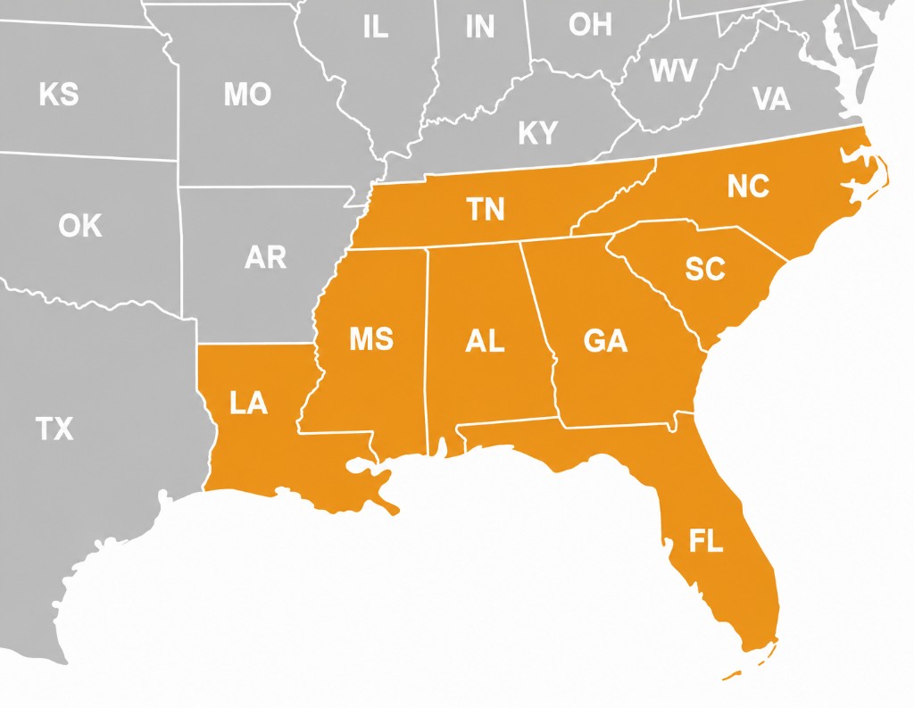 Map of DDS Remodeling service area across the Southeastern United States